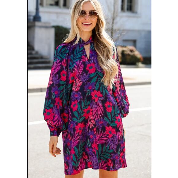 Magenta Dark Floral Flow Satin Dress ODDY Small Long Sleeve Short High Neckline - Picture 1 of 9